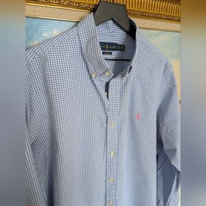 Ralph Lauren Blue Gingham Button-Down with Pink Pony XL